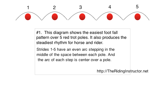 diagram showing trot poles spaced correctly for the horse, poles are represented by red dots. The horse's stride presented by even arcs over each pole