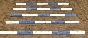 5 blue and white wood trot poles lined up as a grid