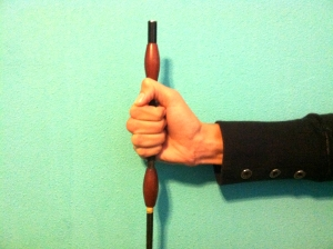 The whip should be held in place by a combination of your palm and lower fingers, primarily the pinky. 