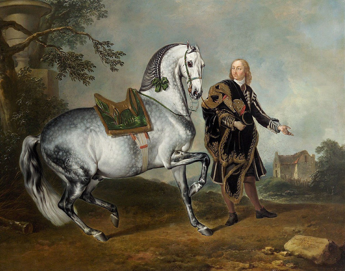 1200px-Johann_Georg_de_Hamilton_-_Kladruber_Hengst__Scarramuie__mit_einem_Bereiter_-_WB_Z_81_-...jpg